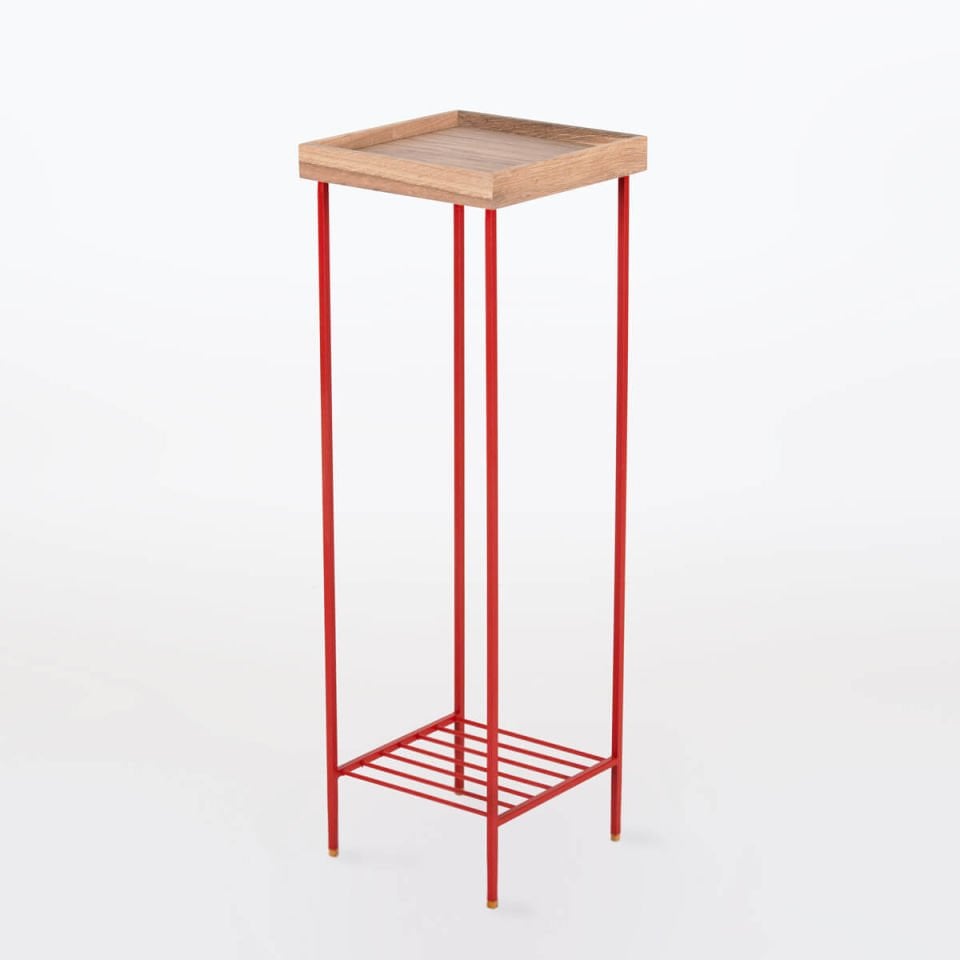Solid Wood Long Side Table – EDGE Series, Colored Metal Legs Raw – RED