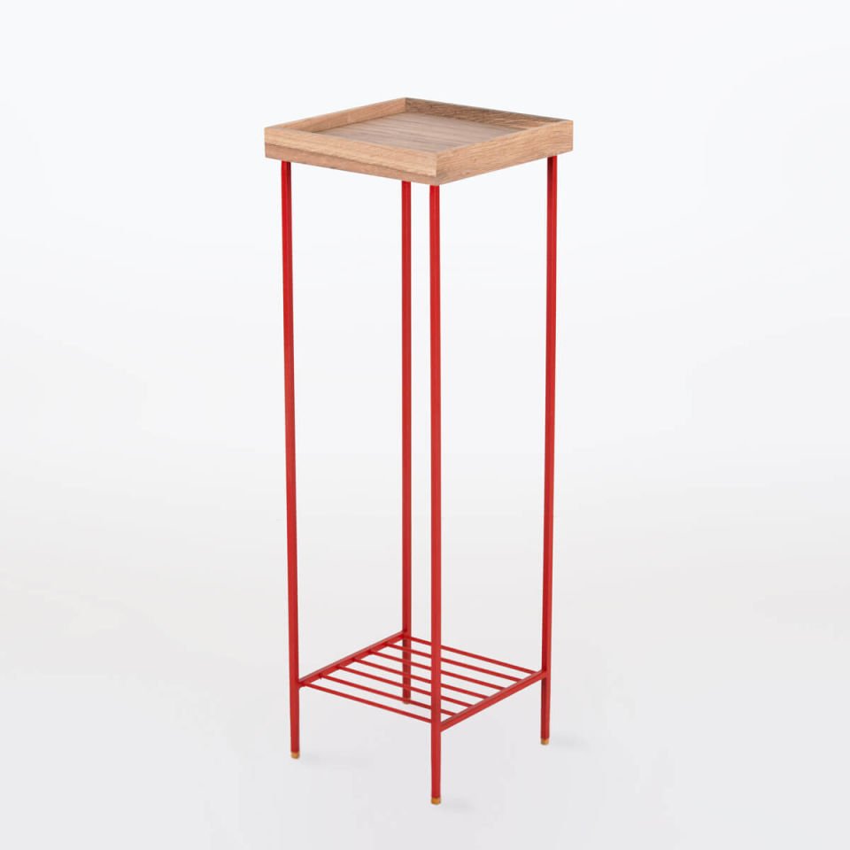 Solid Wood Long Side Table – EDGE Series, Colored Metal Legs Raw – RED