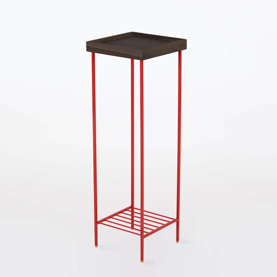 Solid Wood Long Side Table – EDGE Series, Dark with Colored Metal Legs – RED