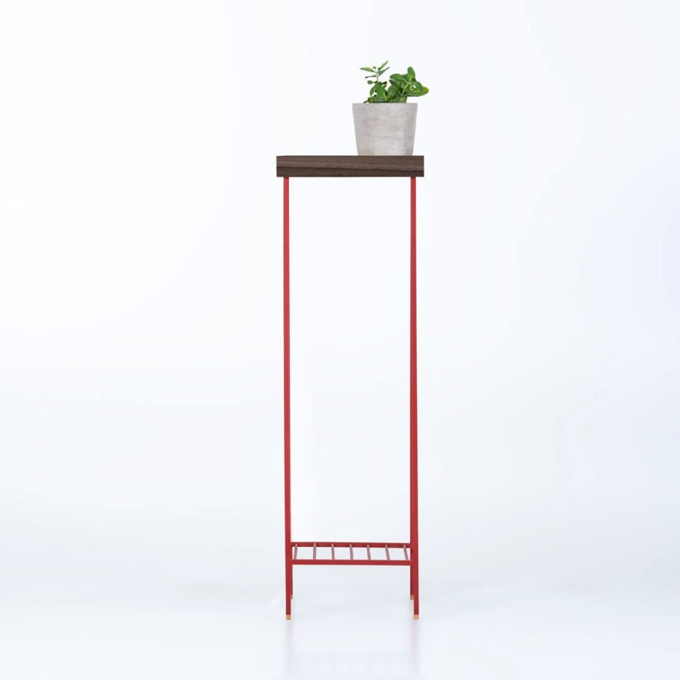 Solid Wood Long Side Table – EDGE Series, Dark with Colored Metal Legs – RED