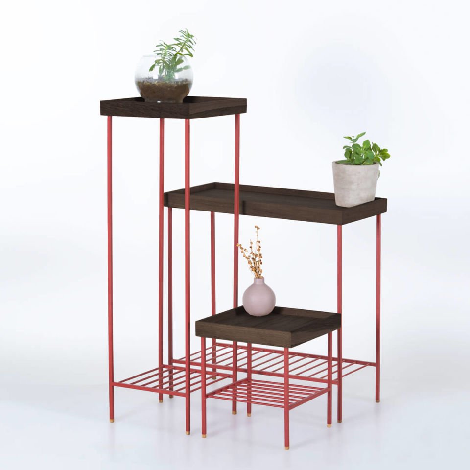 Solid Wood Wide Side Table / Flower Pot – EDGE Series, Dark with Colored Metal Legs - RED