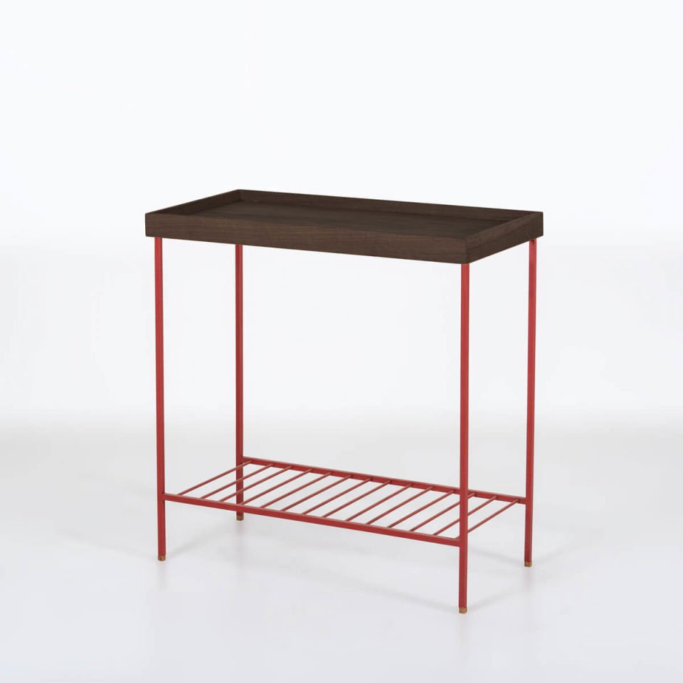 Solid Wood Wide Side Table / Flower Pot – EDGE Series, Dark with Colored Metal Legs - RED