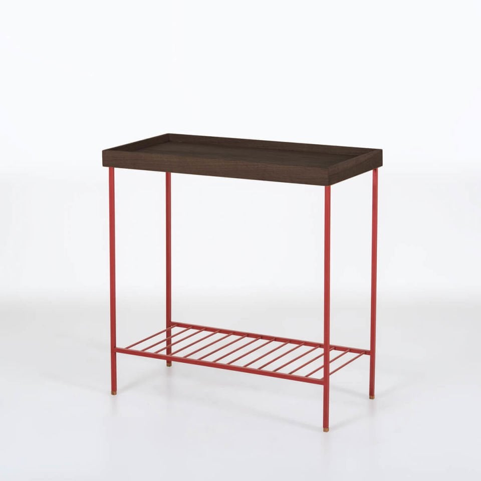 Solid Wood Wide Side Table / Flower Pot – EDGE Series, Dark with Colored Metal Legs - RED