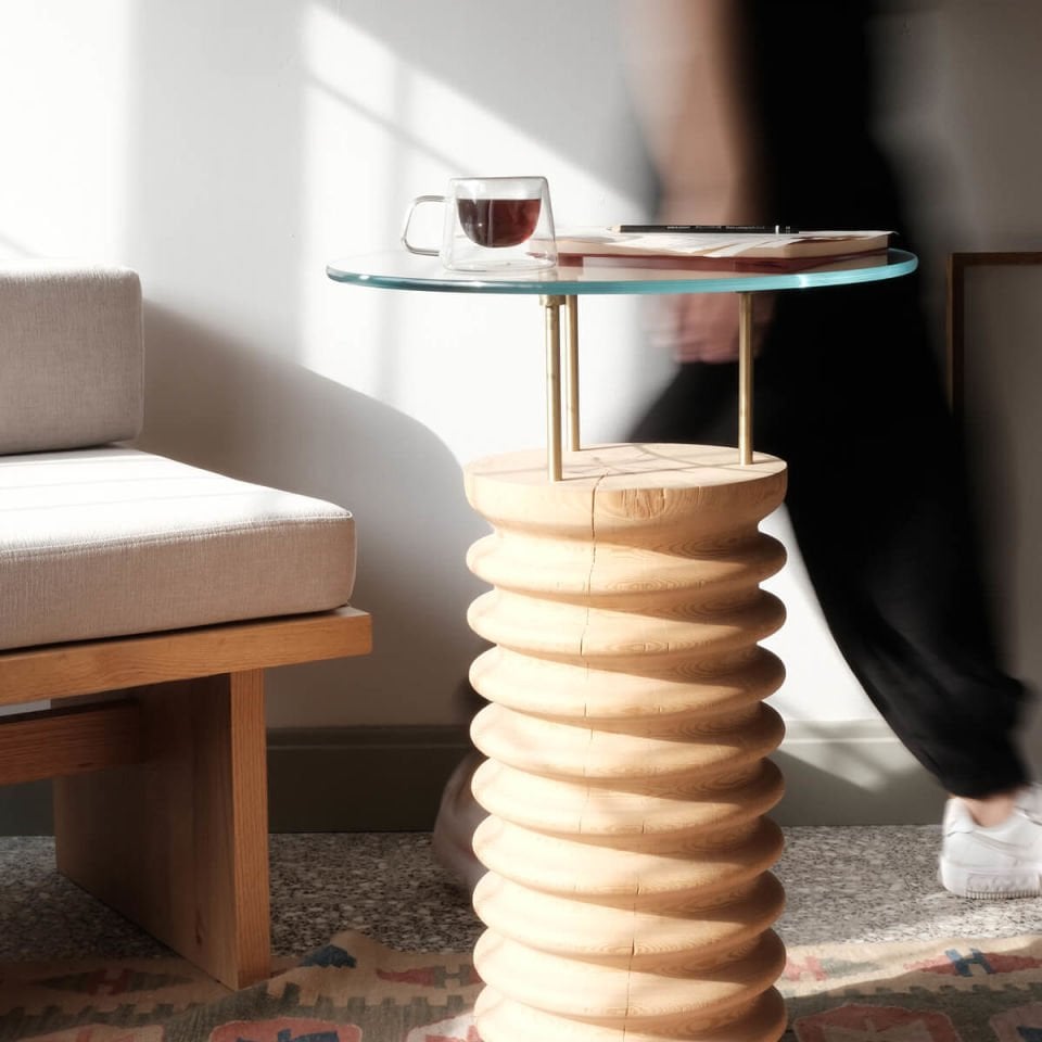 Round Glass, Cedar Side/Center Table – SOFRA Series Raw