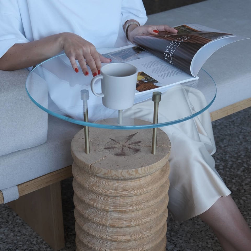 Round Glass, Cedar Side/Center Table – SOFRA Series Raw