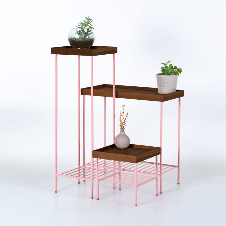 Masif Ahşap Geniş Yan Sehpa / Saksılık – EDGE Serisi, Renkli Metal Ayaklı Forest - PEMBE