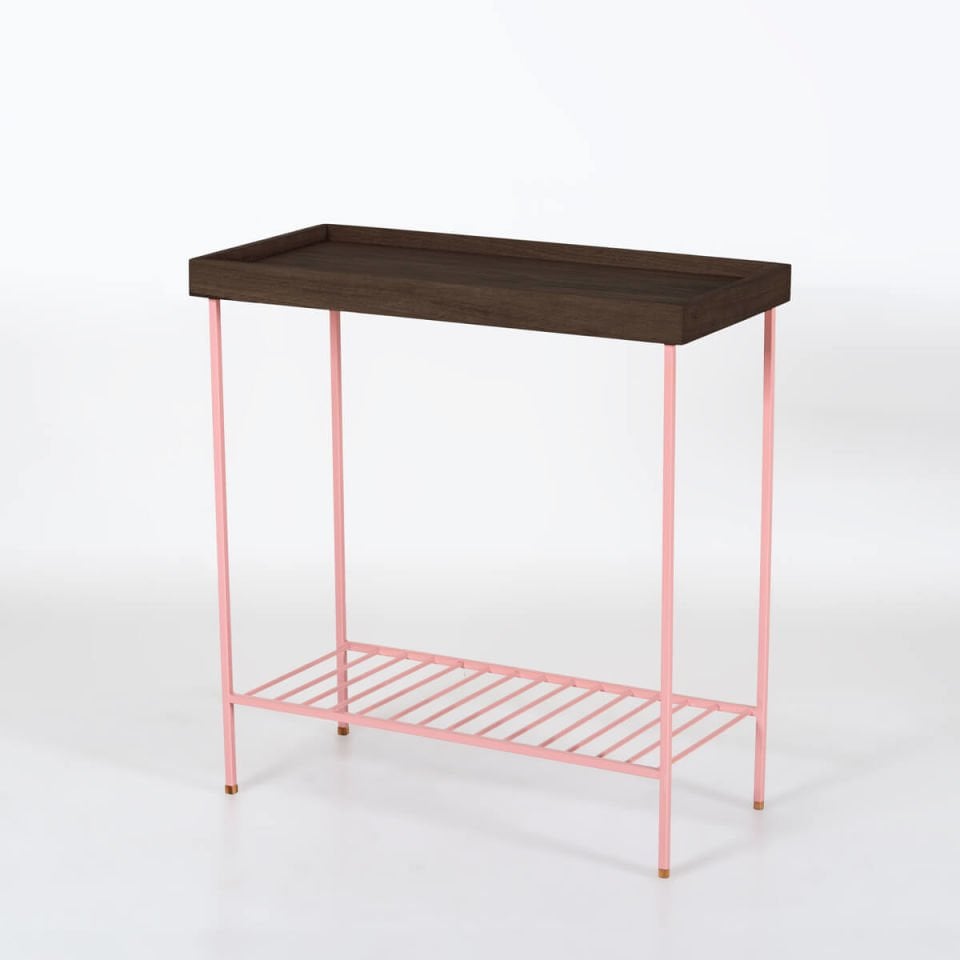 Solid Wood Wide Side Table / Flower Pot – EDGE Series, Dark with Colored Metal Legs - PINK