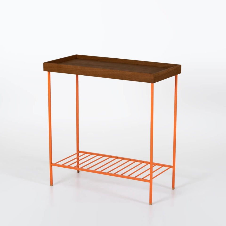 Solid Wood Wide Side Table / Flower Pot – EDGE Series, Forest with Colorful Metal Legs – ORANGE