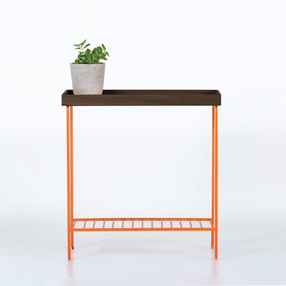 Solid Wood Wide Side Table / Flower Pot – EDGE Series, Forest with Colorful Metal Legs – ORANGE
