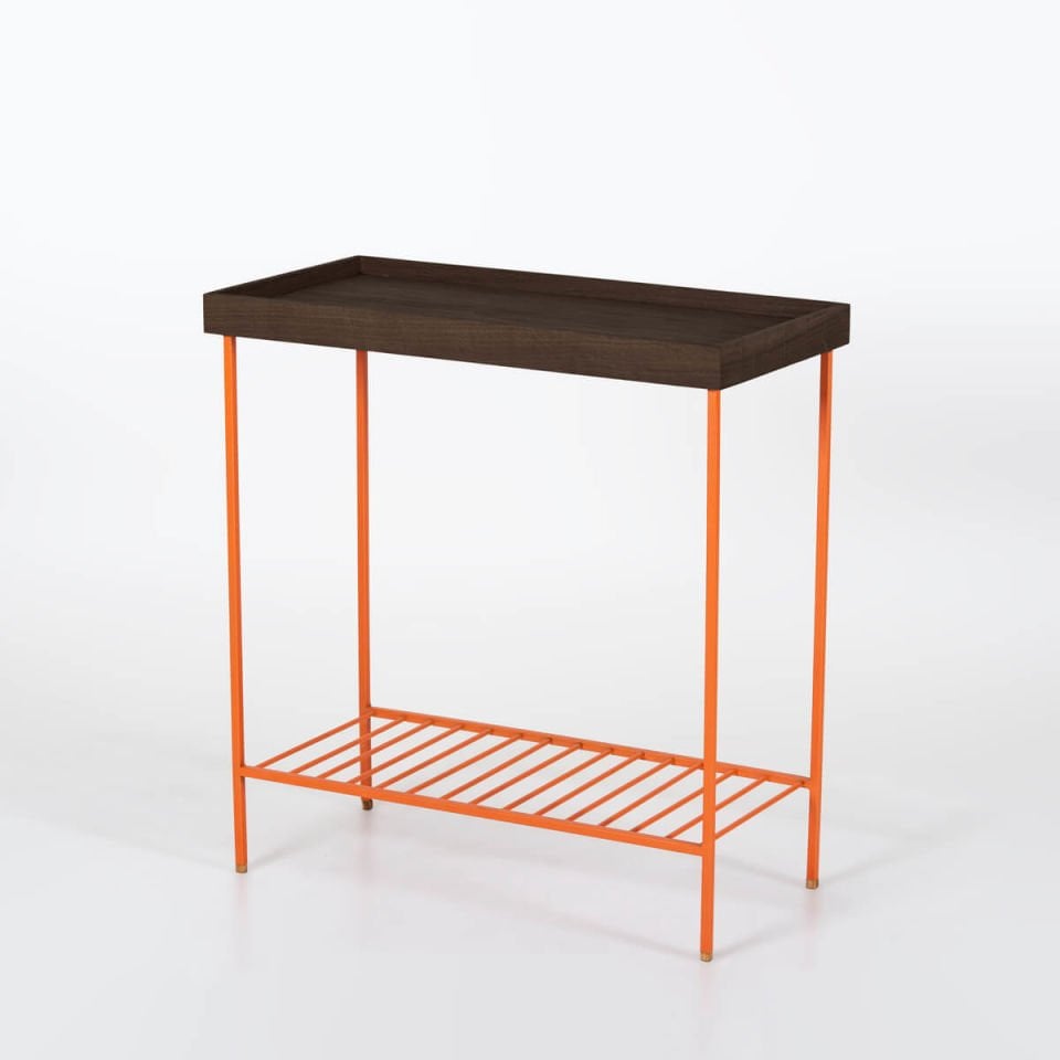 Solid Wood Wide Side Table / Flower Pot – EDGE Series, Dark with Colored Metal Legs - ORANGE