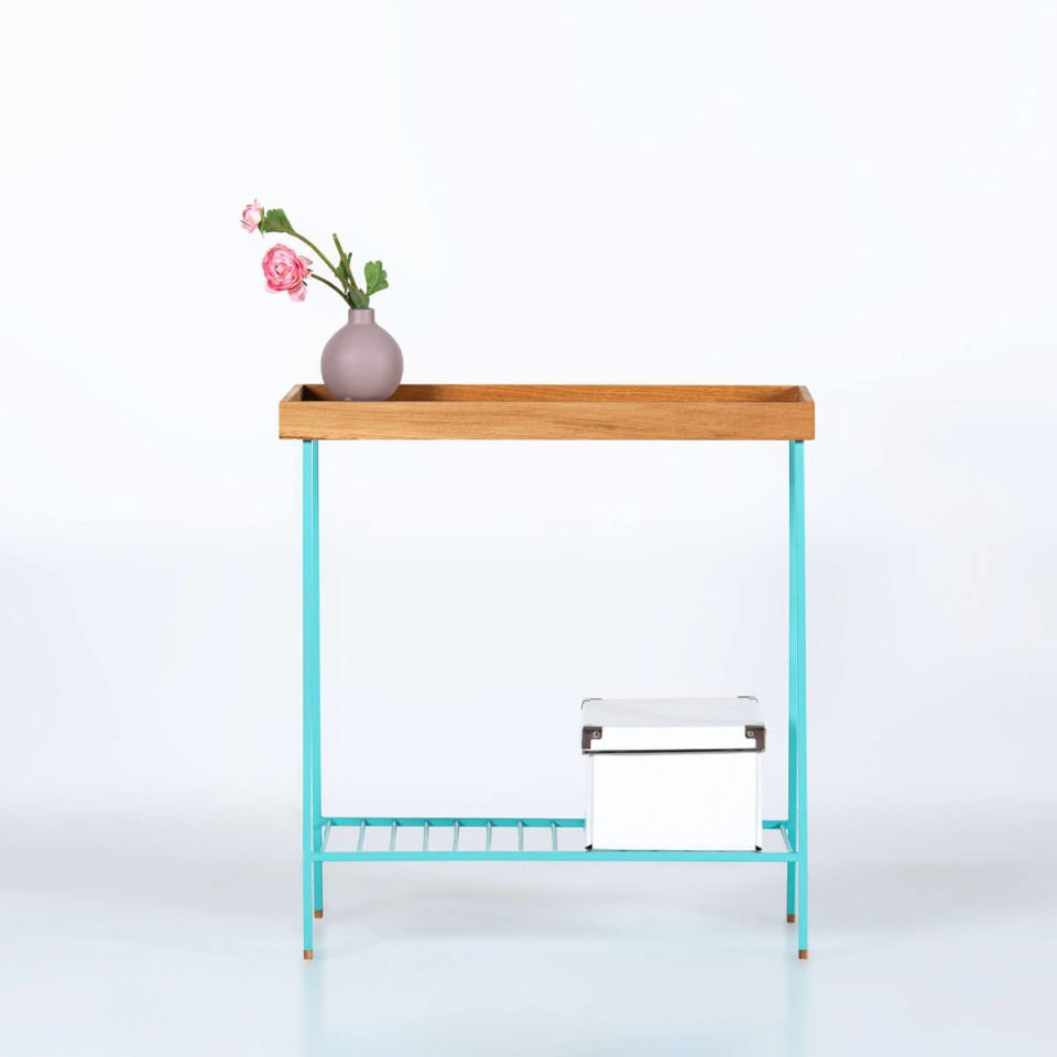 Solid Wood Wide Side Table / Flower Pot – EDGE Series, Colored Metal Legs Honey – GREEN