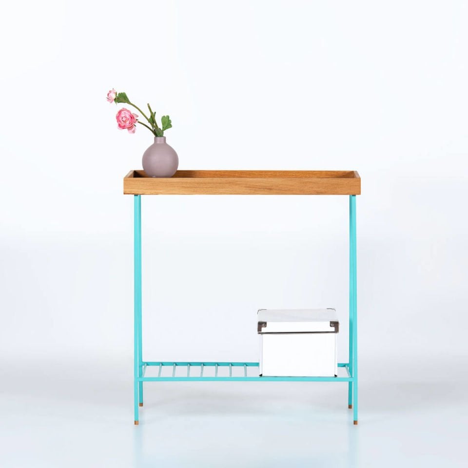 Solid Wood Wide Side Table / Flower Pot – EDGE Series, Colored Metal Legs Honey – GREEN