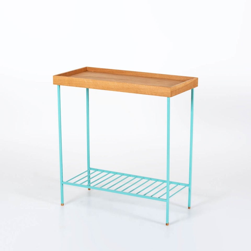 Solid Wood Wide Side Table / Flower Pot – EDGE Series, Colored Metal Legs Honey – GREEN
