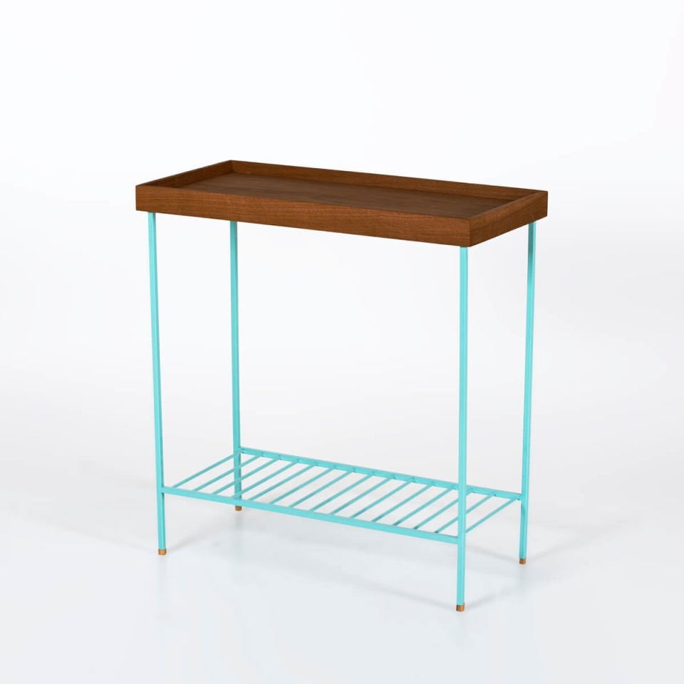 Solid Wood Wide Side Table / Flower Pot – EDGE Series, Forest with Colorful Metal Legs – GREEN