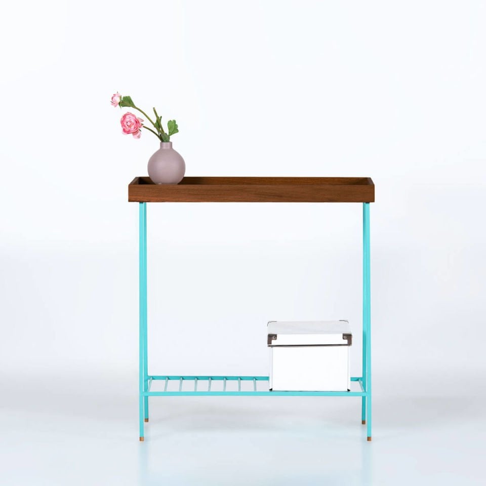 Solid Wood Wide Side Table / Flower Pot – EDGE Series, Forest with Colorful Metal Legs – GREEN