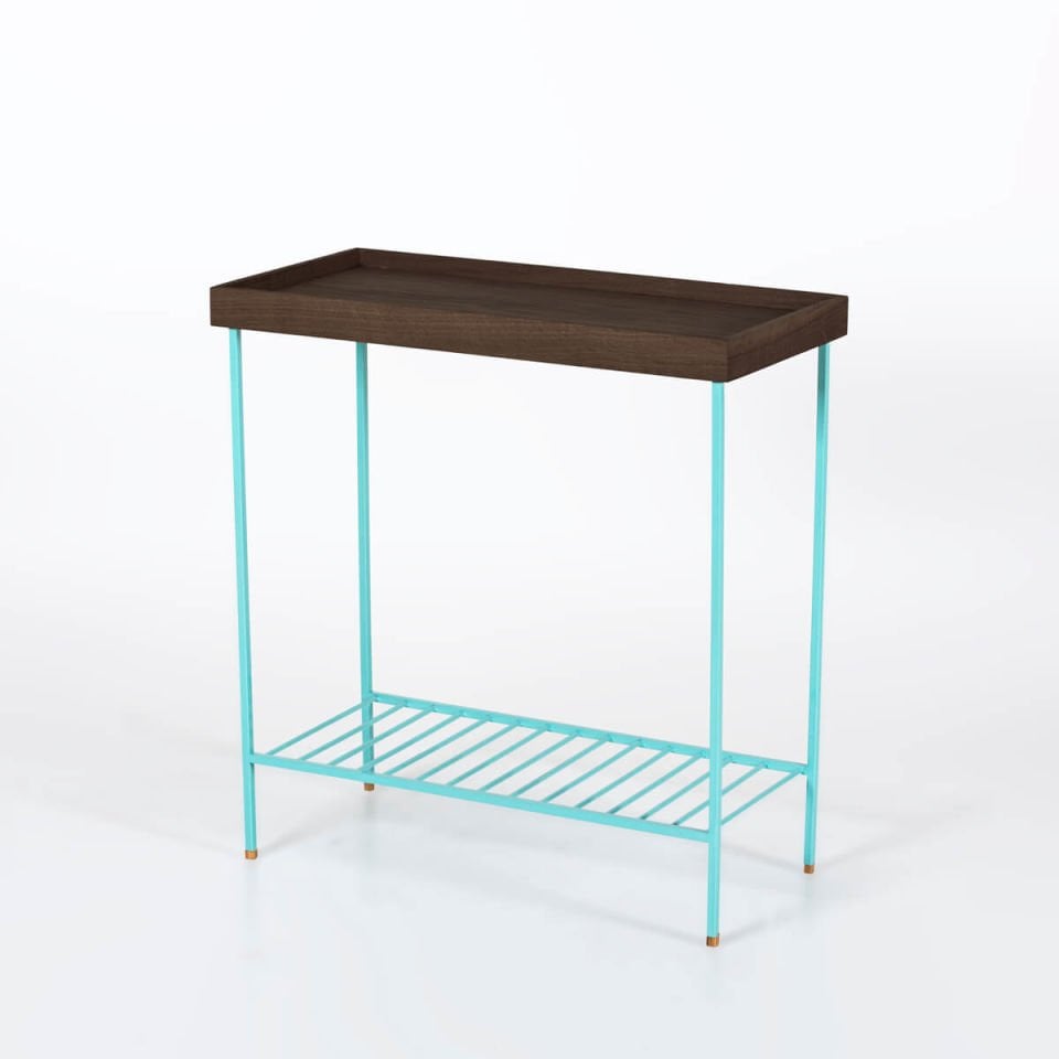 Solid Wood Wide Side Table / Flower Pot – EDGE Series, Dark with Colored Metal Legs - GREEN