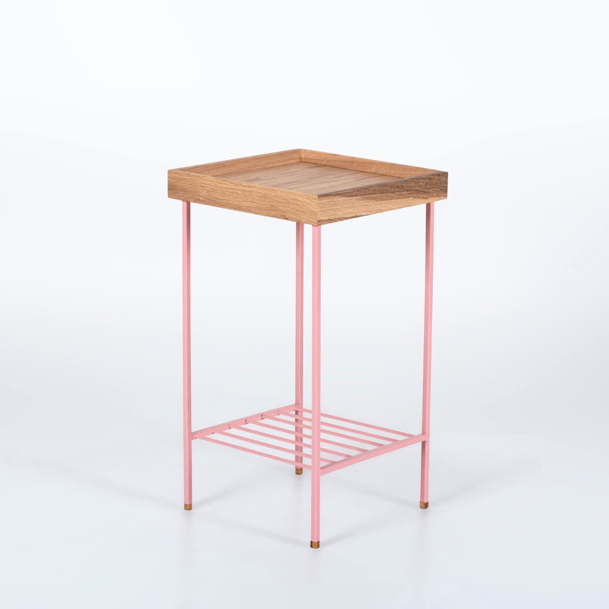 Solid Oak Medium Size Side Table / Flower Pot – EDGE Series, Colored Metal Legs Raw - PINK