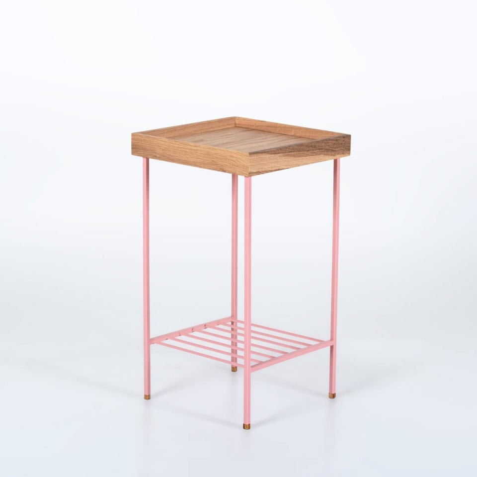 Solid Oak Medium Size Side Table / Flower Pot – EDGE Series, Colored Metal Legs Raw - PINK