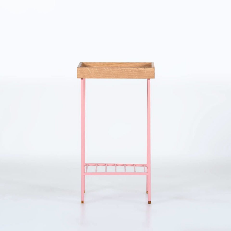 Solid Oak Medium Size Side Table / Flower Pot – EDGE Series, Colored Metal Legs Raw - PINK