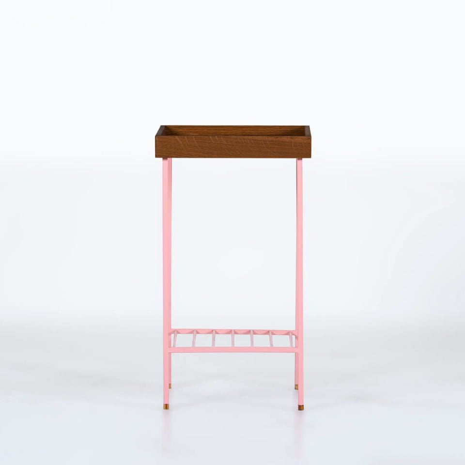 Solid Oak Medium Size Side Table / Flower Pot – EDGE Series, Forest with Colored Metal Legs - PINK