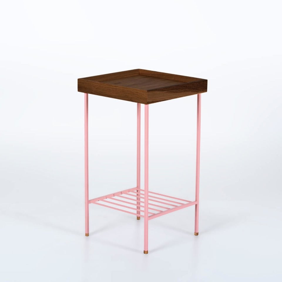 Solid Oak Medium Size Side Table / Flower Pot – EDGE Series, Forest with Colored Metal Legs - PINK