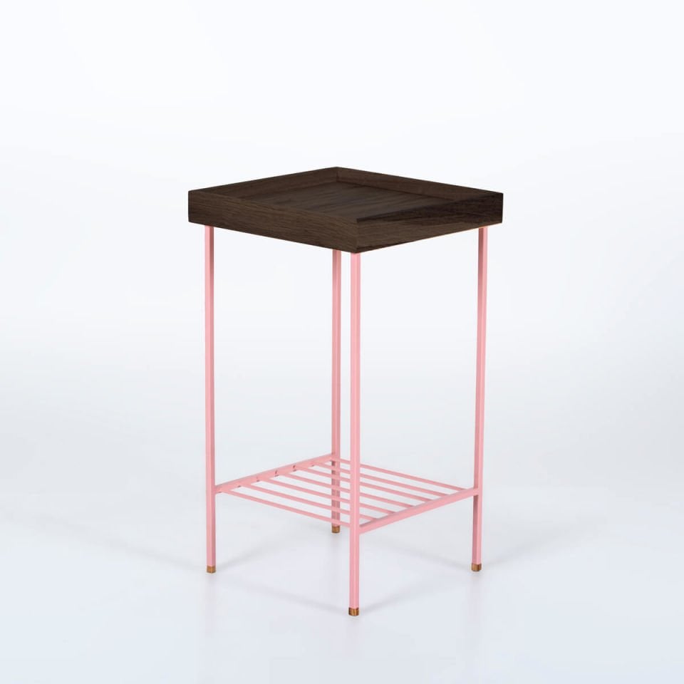 Solid Oak Medium Size Side Table / Flower Pot – EDGE Series, Dark with Colored Metal Legs - PINK