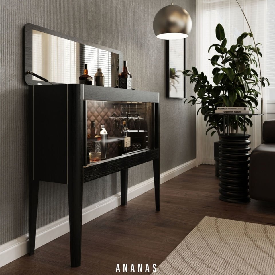 Solid Wood Horizontal Drink / Cocktail Cabinet with Mirror Cover - Casablanca Showcase Series Dark