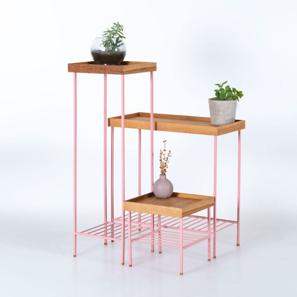 Masif Ahşap Yan Sehpa / Saksılık Set– EDGE Serisi, Metal Ayaklı Honey - PEMBE
