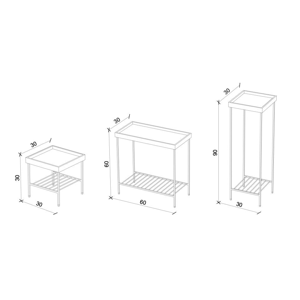 Masif Ahşap Yan Sehpa / Saksılık Set– EDGE Serisi, Metal Ayaklı Honey - SARI