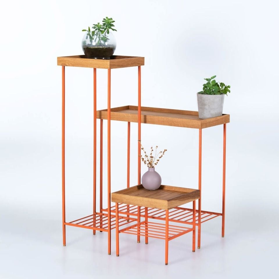 Masif Ahşap Yan Sehpa / Saksılık Set– EDGE Serisi, Metal Ayaklı Honey - TURUNCU