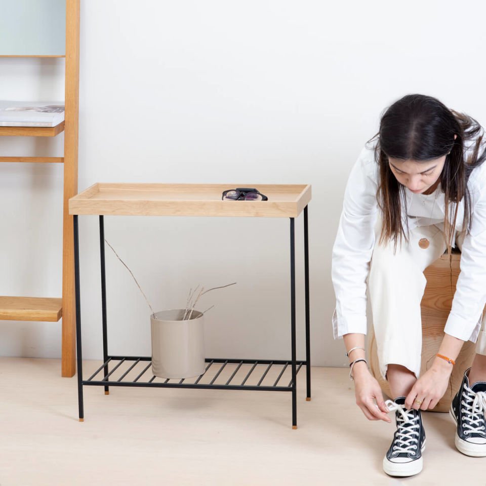 Solid Wood Wide Side Table / Flower Pot – EDGE Series, Metal Legs BLACK - Raw