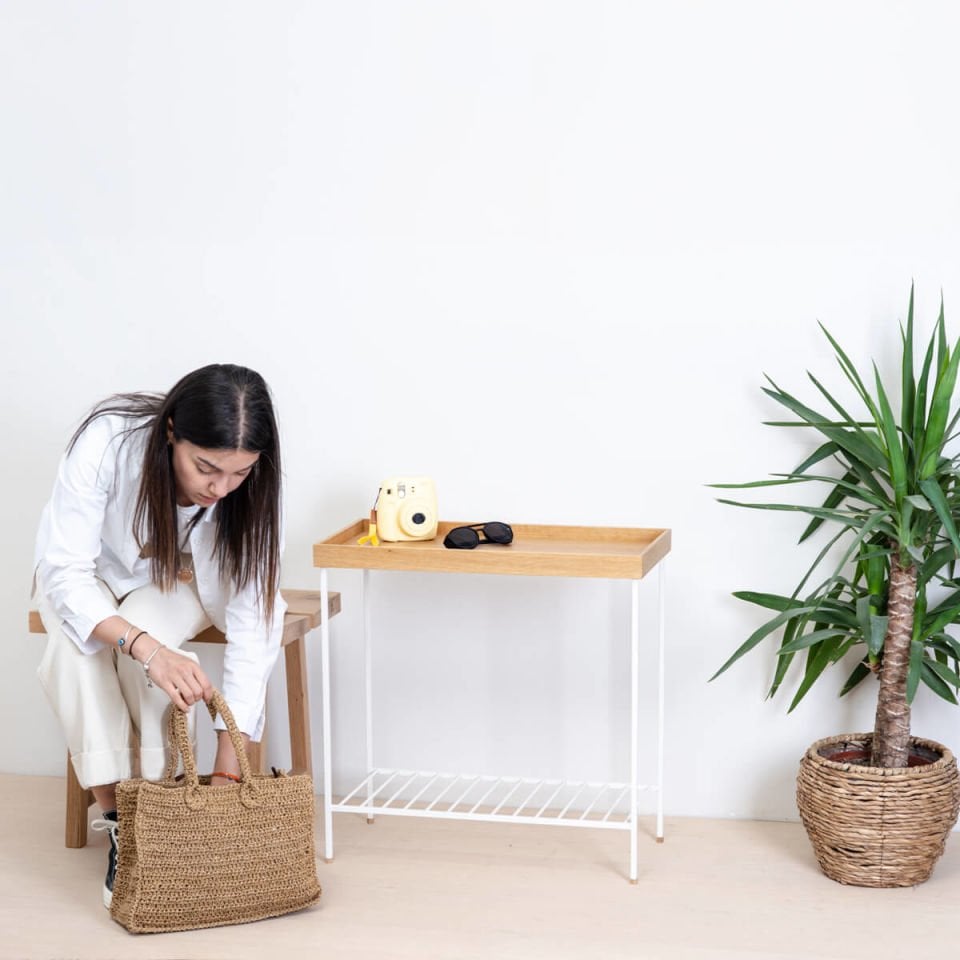 Solid Wood Wide Side Table / Flower Pot – EDGE Series, Metal Legs WHITE - Raw
