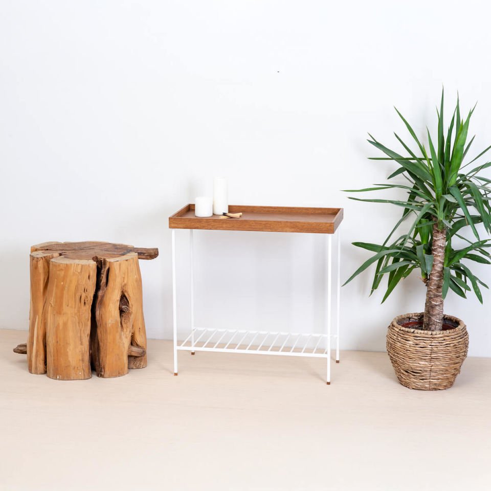 Solid Wood Wide Side Table / Flower Pot – EDGE Series, Metal Legs WHITE – Forest