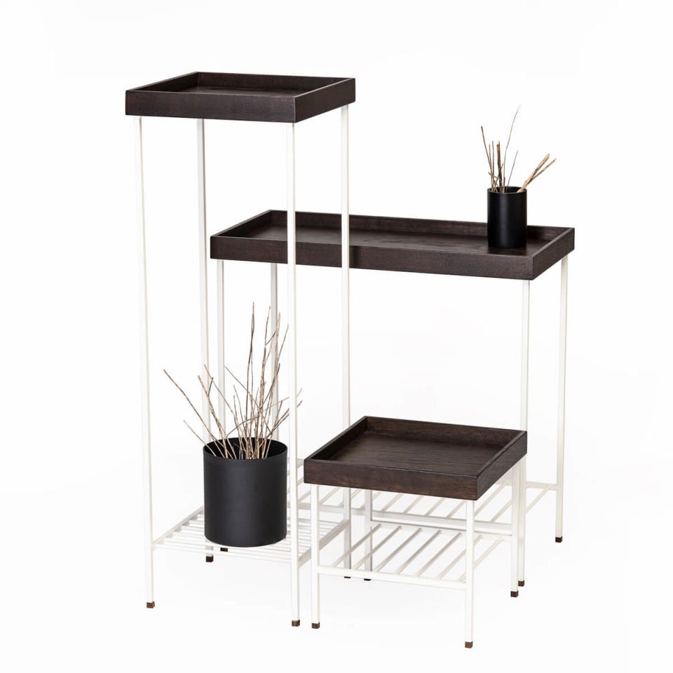 Solid Wood Wide Side Table / Flower Pot – EDGE Series, Metal Legs WHITE - Dark