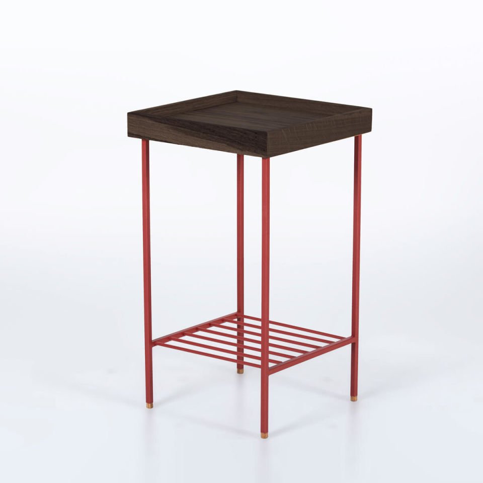 Solid Oak Medium Size Side Table / Flower Pot – EDGE Series, Dark with Colored Metal Legs - RED
