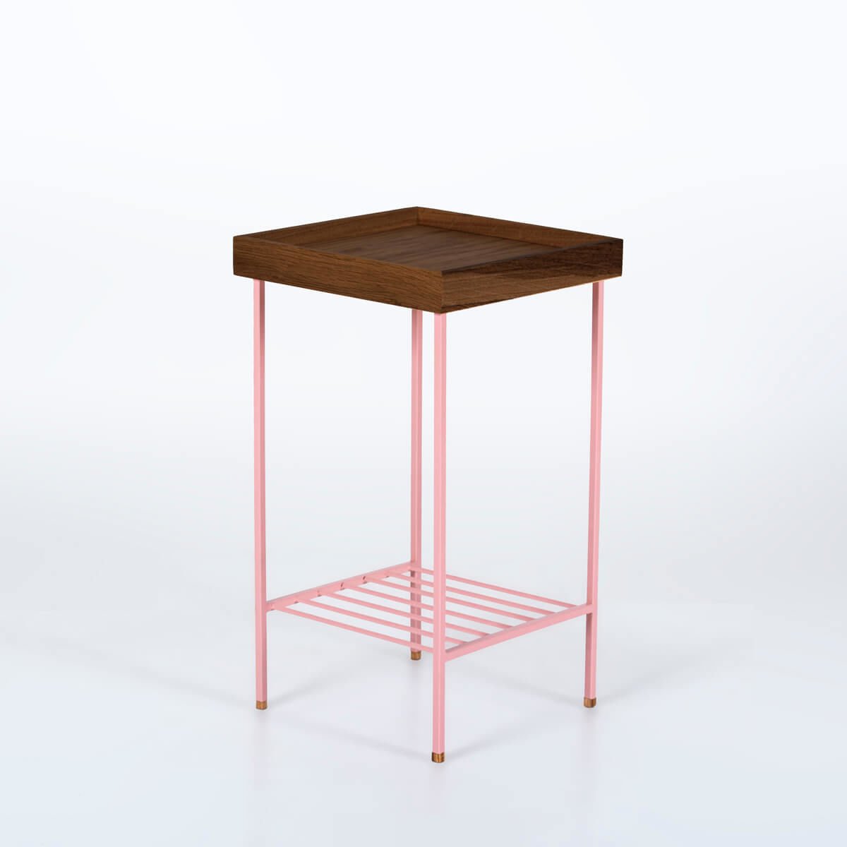 Solid Oak Medium Size Side Table / Flower Pot – EDGE Series, Forest with Colored Metal Legs - PINK