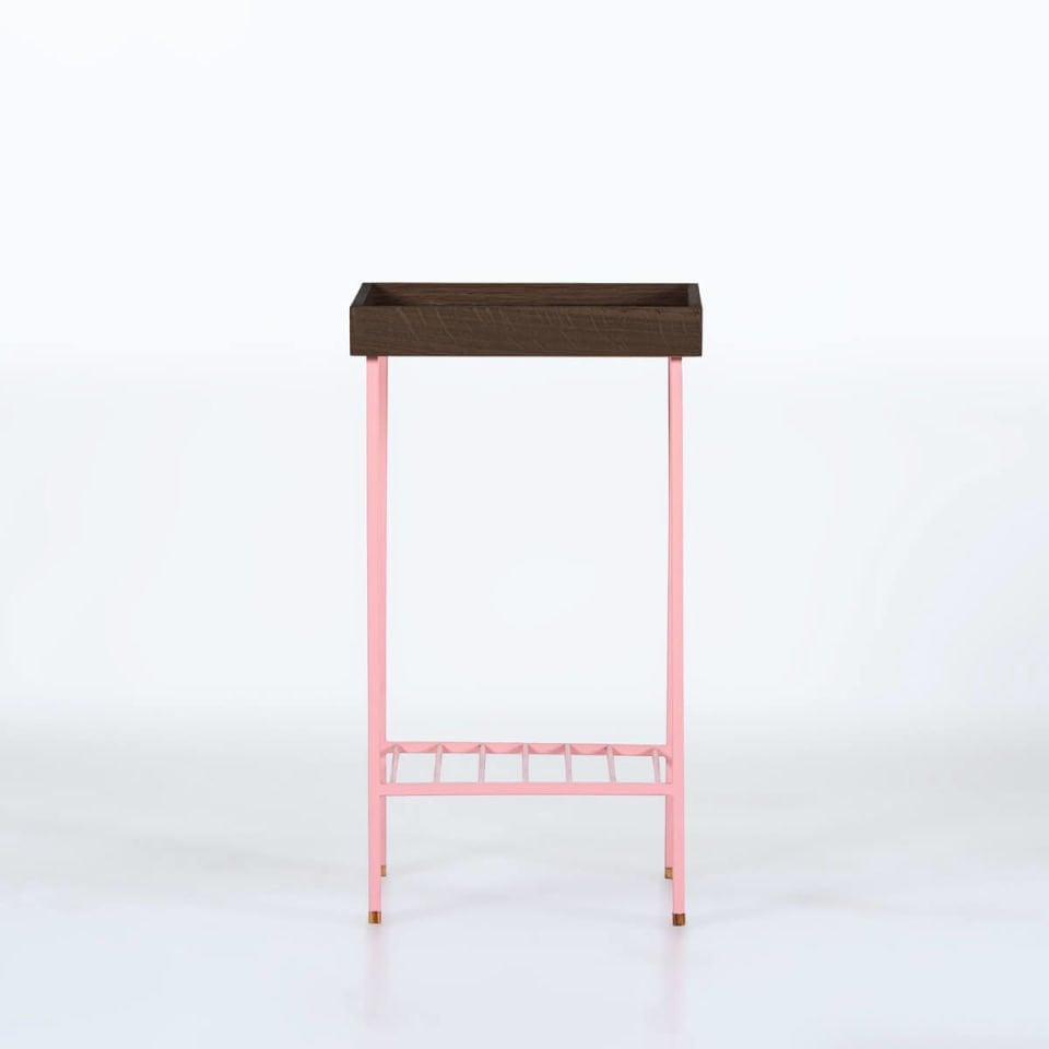 Solid Oak Medium Size Side Table / Flower Pot – EDGE Series, Dark with Colored Metal Legs - PINK