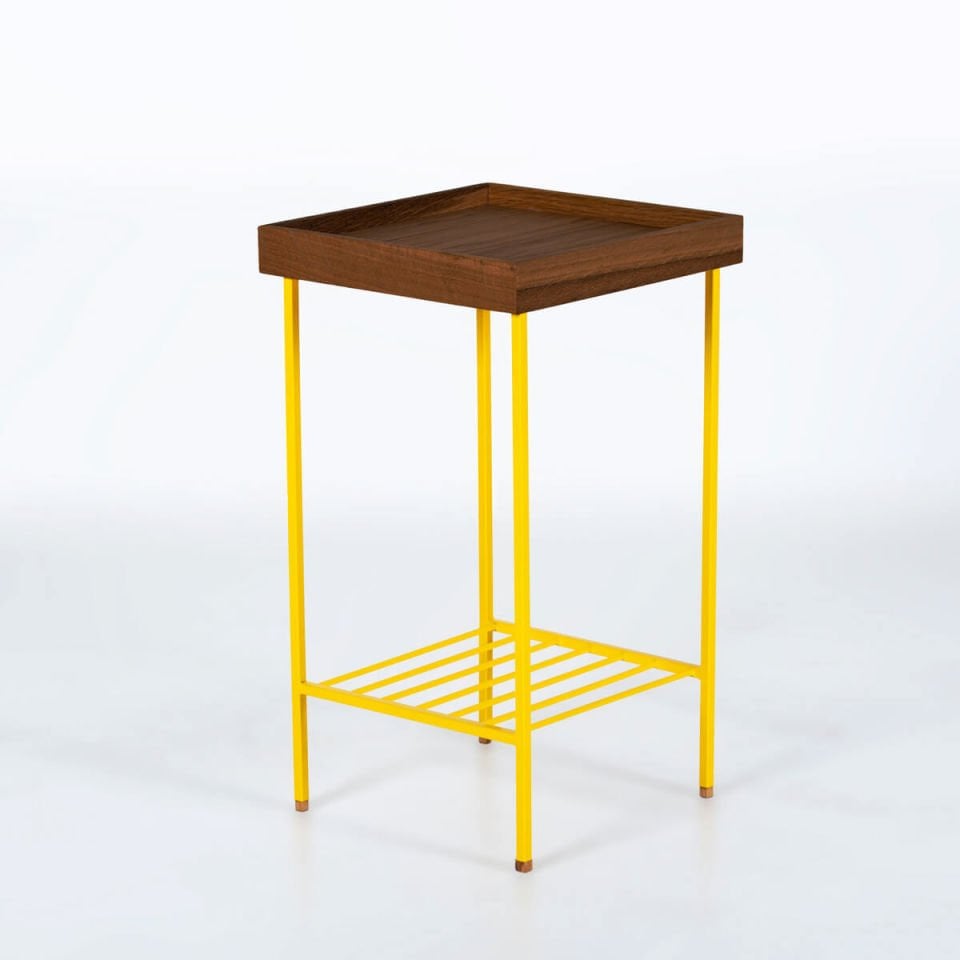 Solid Oak Medium Size Side Table / Flower Pot – EDGE Series, Forest with Colored Metal Legs - YELLOW