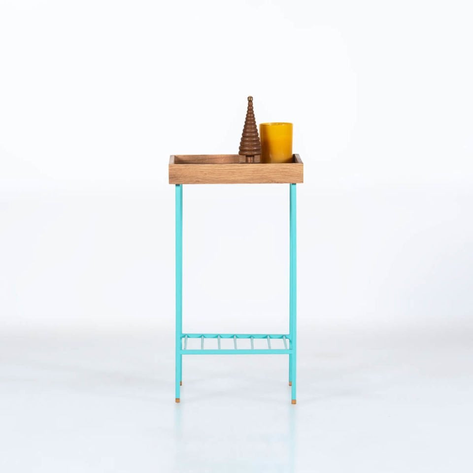 Solid Oak Medium Size Side Table / Flower Pot – EDGE Series, Colored Metal Legs Raw - GREEN