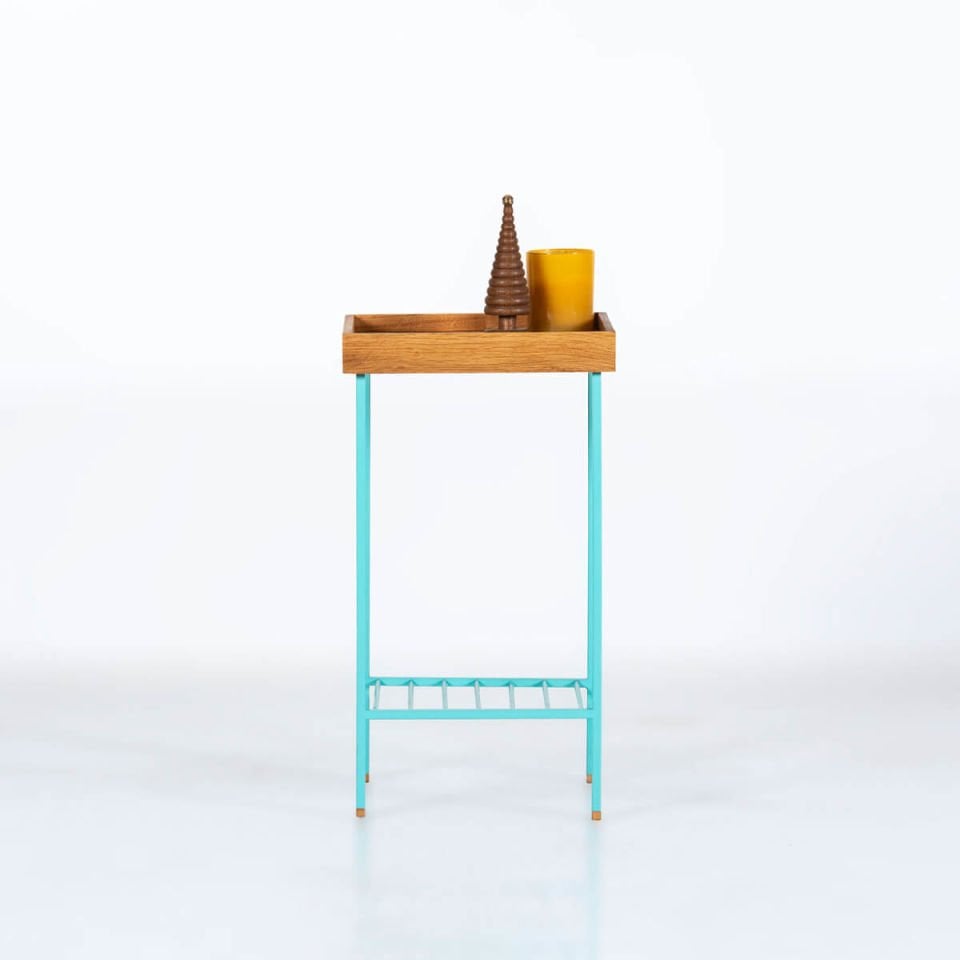 Solid Oak Medium Size Side Table / Flower Pot – EDGE Series, Colored Metal Legs Honey – GREEN