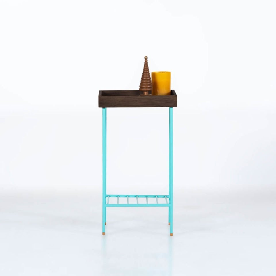 Solid Oak Medium Size Side Table / Flower Pot – EDGE Series, Dark with Colored Metal Legs - GREEN