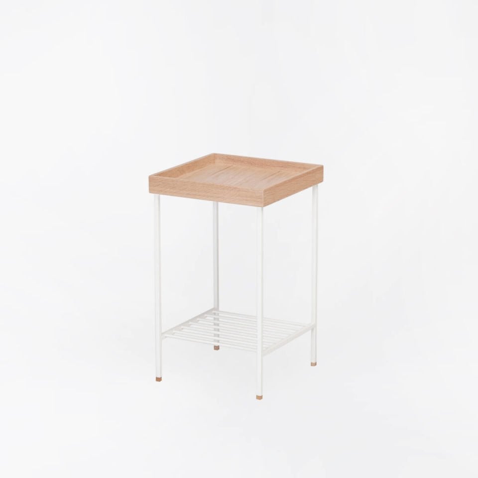 Solid Oak Medium Size Side Table / Flower Pot – EDGE Series, Metal Leg Raw - WHITE