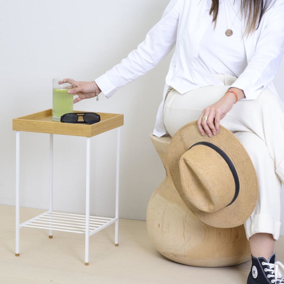 Solid Oak Medium Size Side Table / Flower Pot – EDGE Series, Metal Leg Raw - WHITE