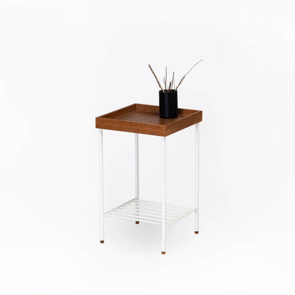 Solid Oak Medium Size Side Table / Flower Pot – EDGE Series, Metal Leg Forest – WHITE