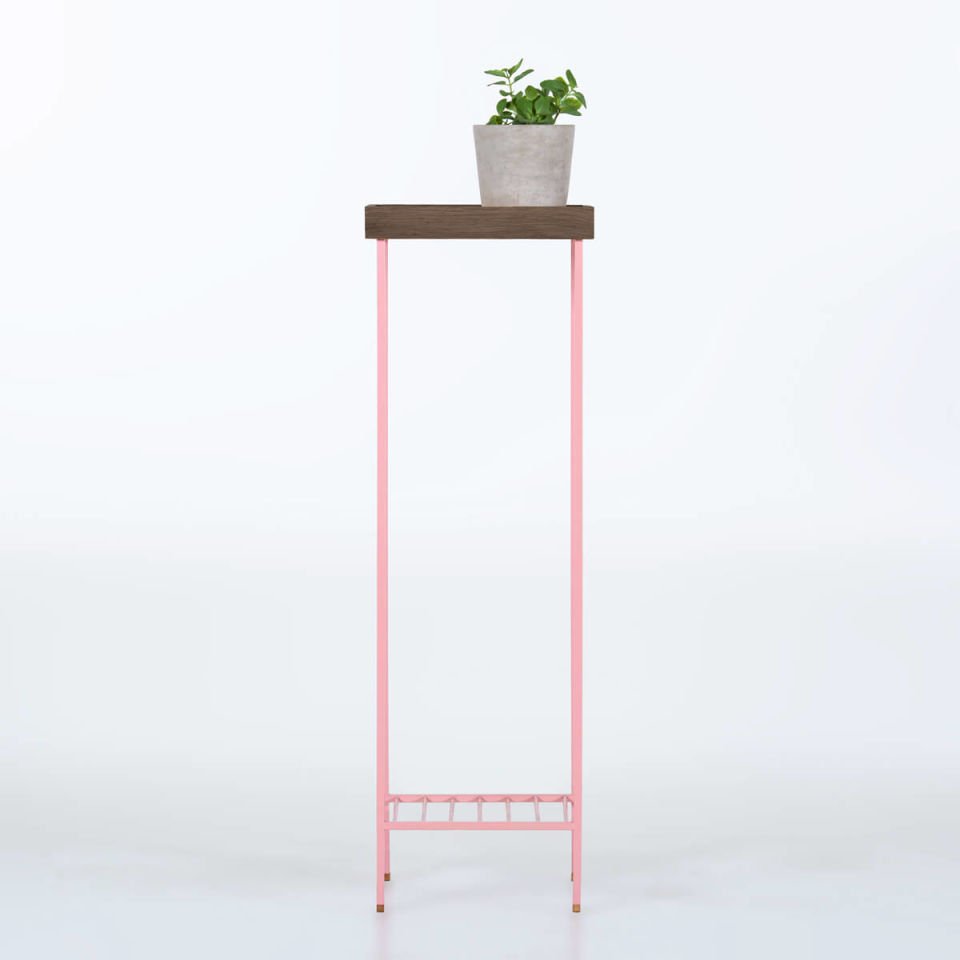 Solid Wood Long Side Table / Flower Pot – EDGE Series, Dark with Colored Metal Legs - PINK