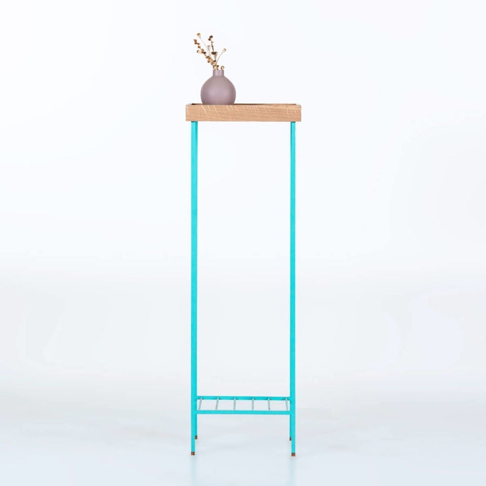 Solid Wood Long Side Table / Flower Pot – EDGE Series, Colored Metal Legs Raw - GREEN