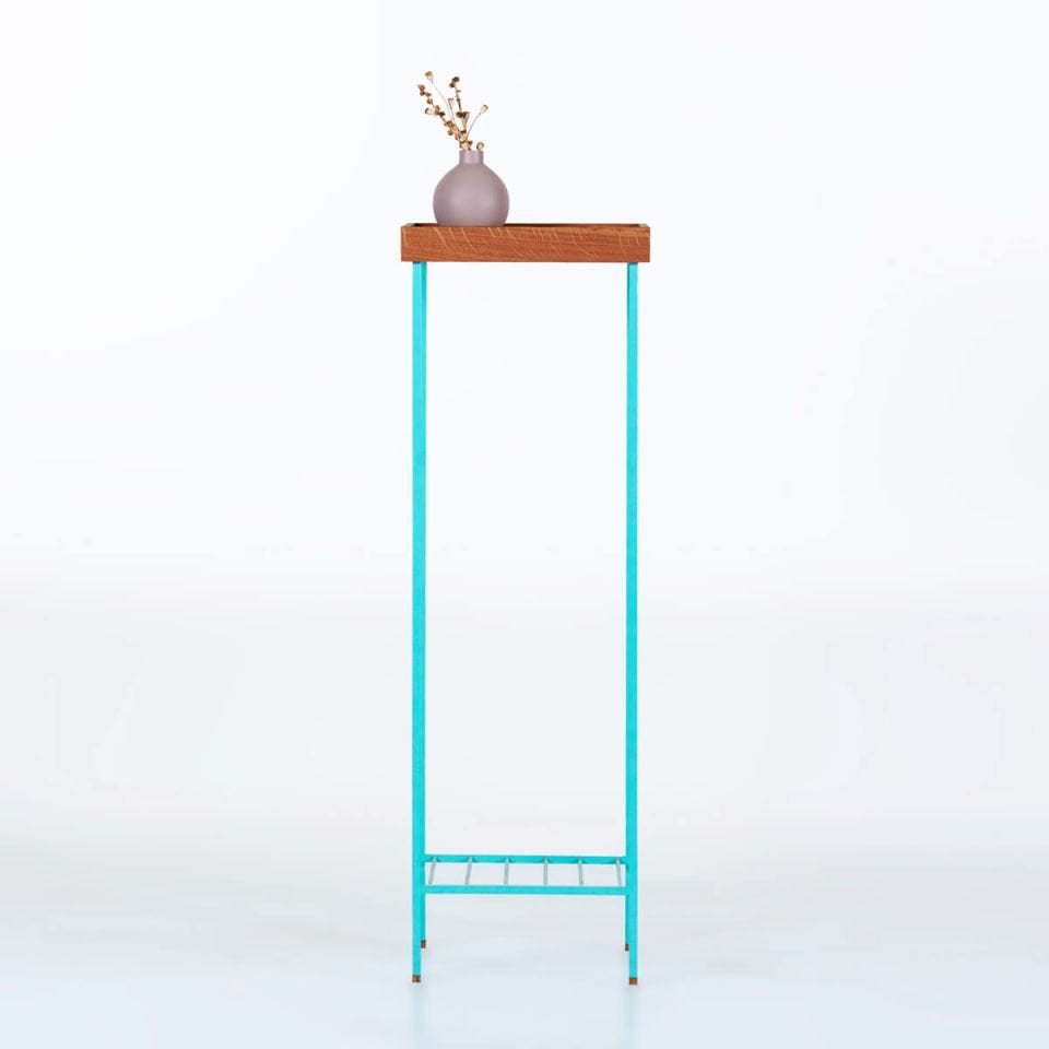 Solid Wood Long Side Table / Flower Pot – EDGE Series, Forest with Colorful Metal Legs – GREEN