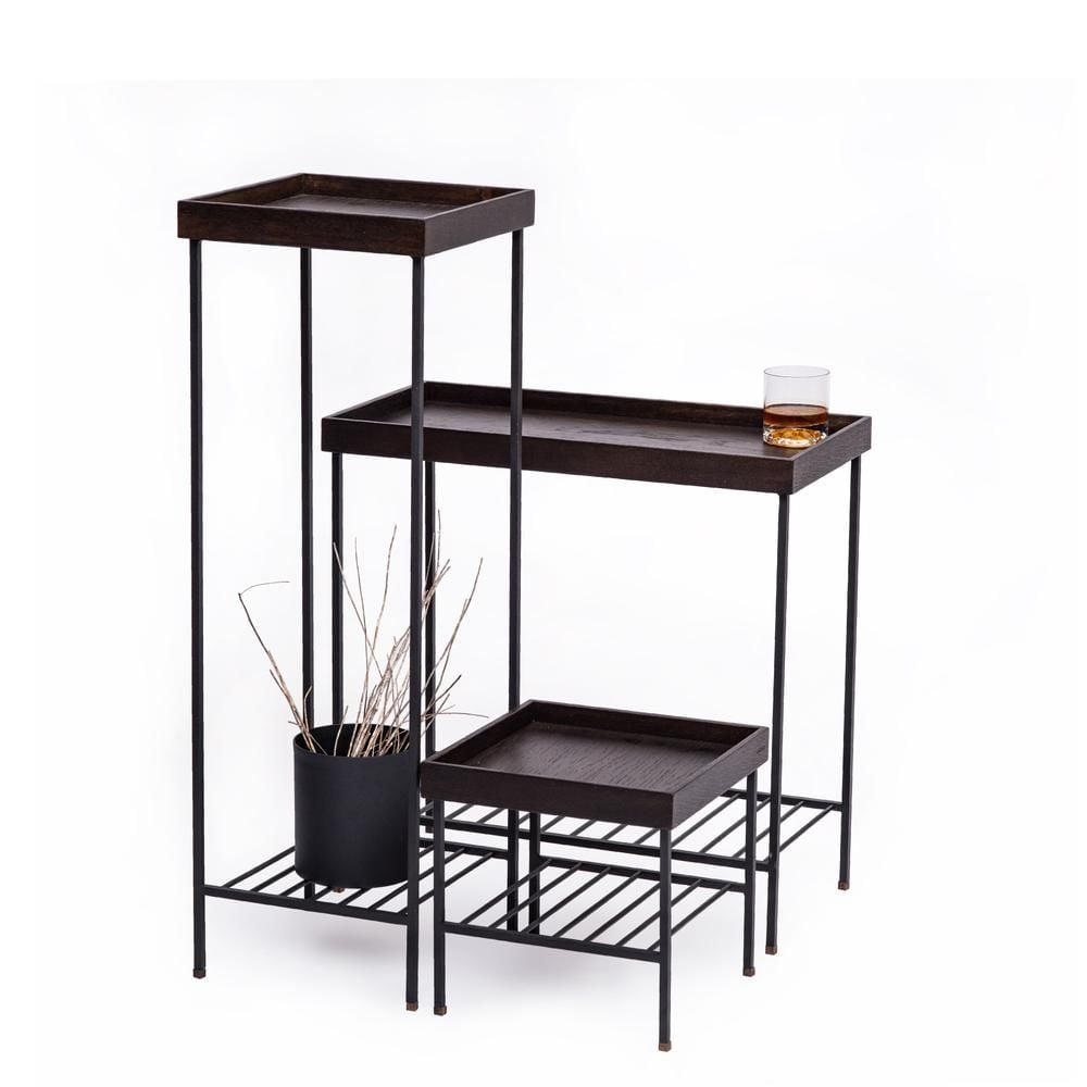 Masif Ahşap Yan Sehpa / Saksılık Set– EDGE Serisi, Metal Ayaklı Dark - SİYAH