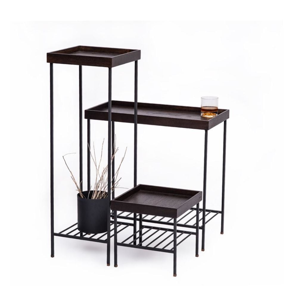Masif Ahşap Yan Sehpa / Saksılık Set– EDGE Serisi, Metal Ayaklı Dark - SİYAH