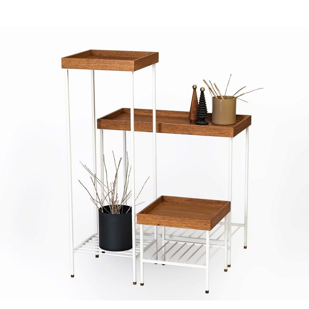 Solid Wood Side Table / Flower Pot Set – EDGE Series, Metal Leg Forest - WHITE